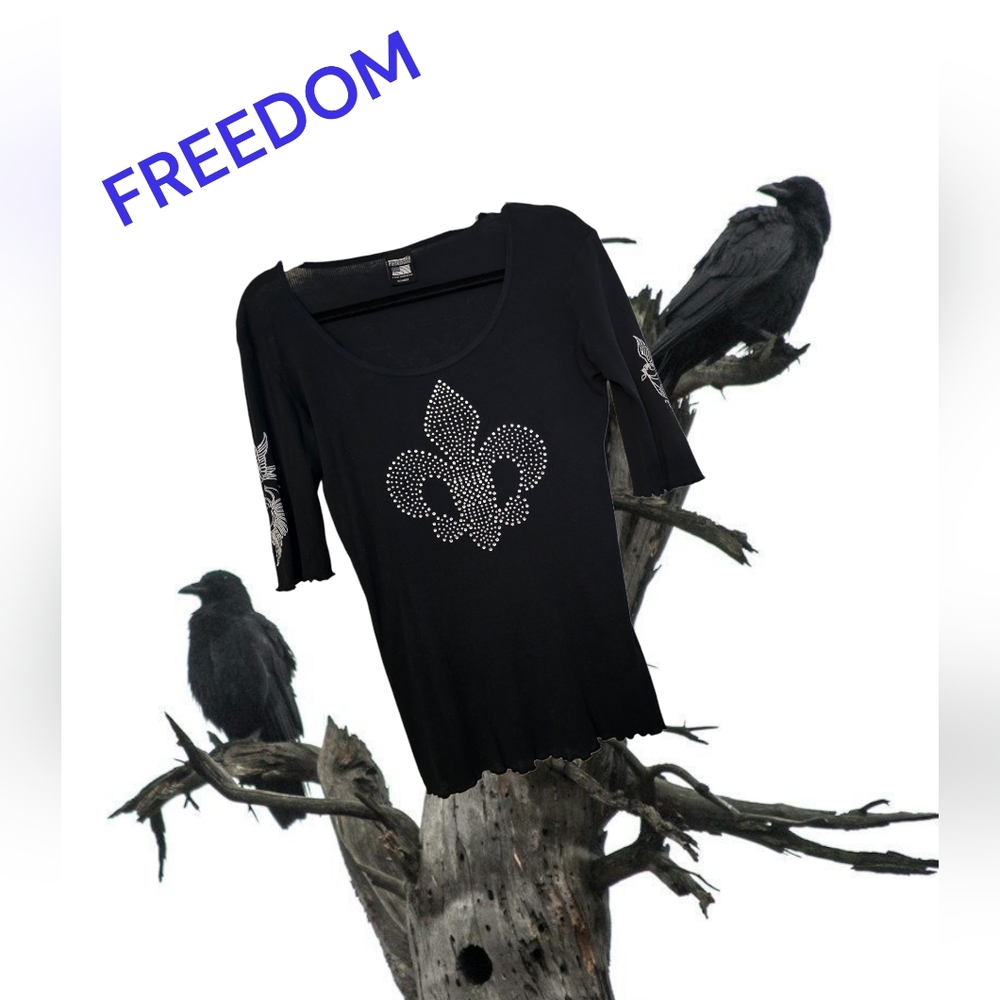 FREEDOM WOMEN'S FLEUR DE LIS LIKE NEW SILVER SEQUINS BLACK TOP Sz XL